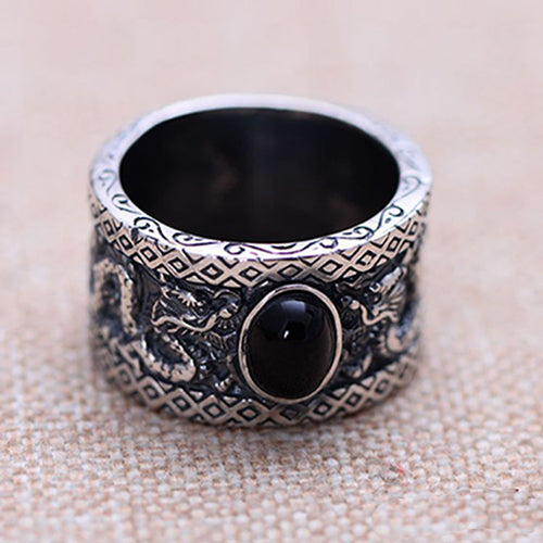 Men's 925 Sterling Silver Ring Black Agate Two Dragons Jewelry Size 8 to 11