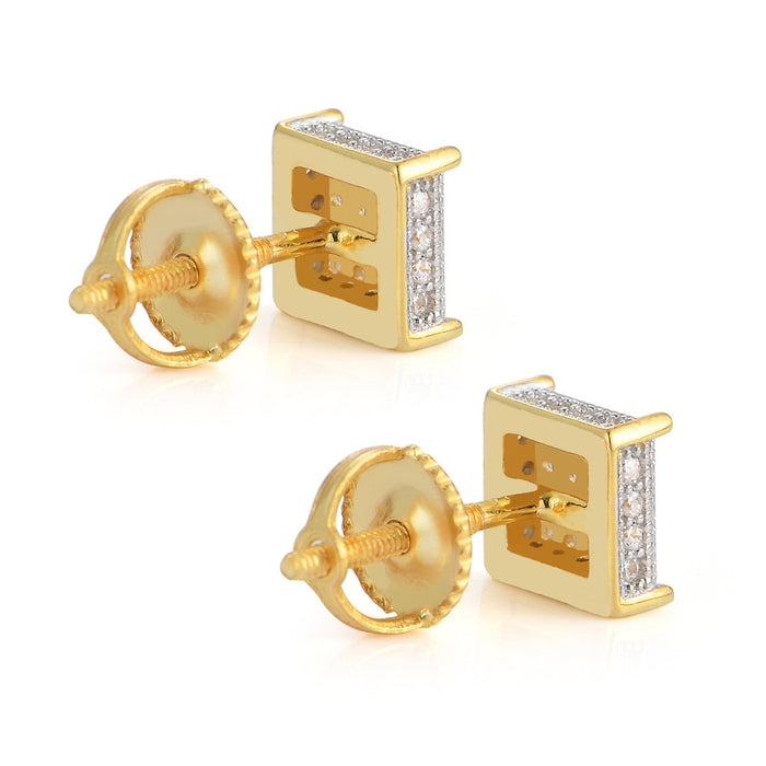 A Pair Real Solid 925 Sterling Silver Earrings Cubic Zirconia Gold Plated Square HipHop Jewelry