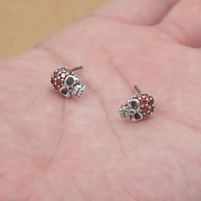 A Pair Real Solid 925 Sterling Silver Earrings Cubic Zirconia Skull Amulet Jewelry