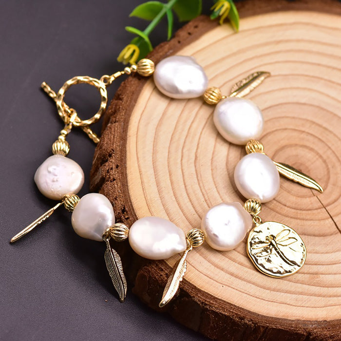 Baroque Natural Freshwater Pearl Bracelet Leaf Dragonfly Women Fashion Jewelry