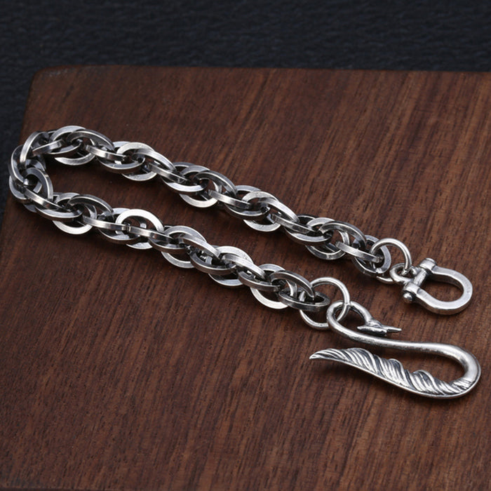 Real Solid 925 Sterling Silver Bracelet Link Chain Feather Hook-Buckle Punk Jewelry 6.7"
