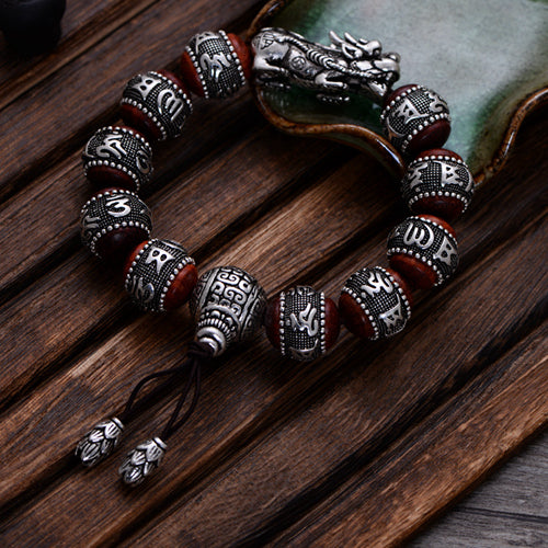 Real Solid 925 Sterling Silver Bracelet Beaded Lection Animals PiXiu Lobular Red Sandalwood Jewelry