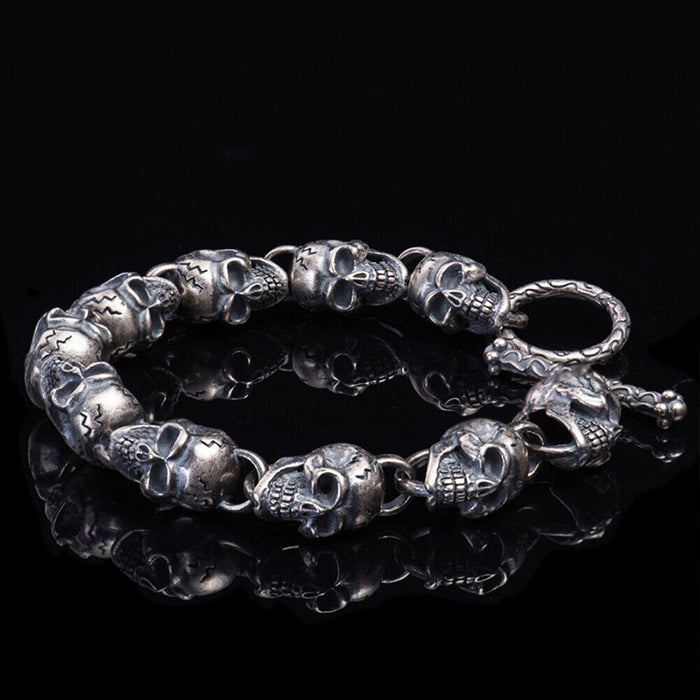 Men's Real Solid 925 Sterling Silver Bracelet Link Skeletons Skulls Punk Jewelry 8.7" 9.5"