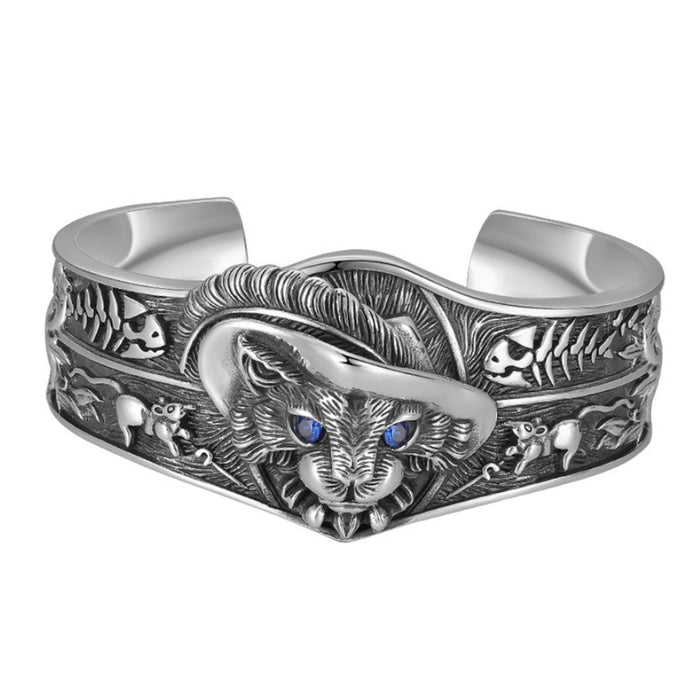 Heavy Real Solid 925 Sterling Silver Cuff Bracelet Bangle Cubic Zirconia Animals Cat King Fish Bones Punk Jewelry