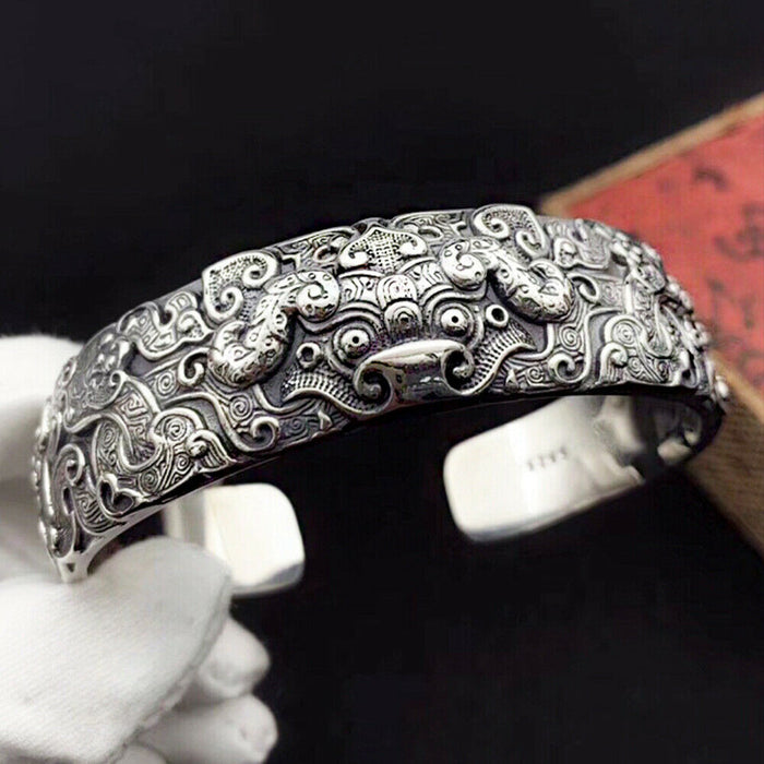 Men's Real Solid 925 Sterling Silver Cuff Bracelet Bangle Gluttonous Animals Punk Jewelry