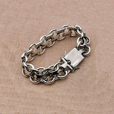 Real Solid 925 Sterling Silver Bracelet Round Link Double Loop Clasp Chain Punk Jewelry 8.3"