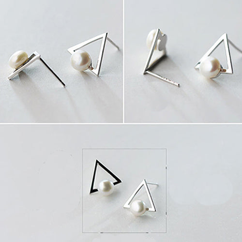 Genuine 925 Sterling Silver Ear Stud Earrings Triangle Freshwater Pearl Women's