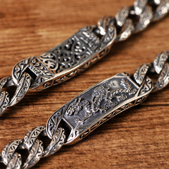 Real Solid 925 Sterling Silver Bracelets Cuban Link Chain Dragon Animals Punk Jewelry 7.9"