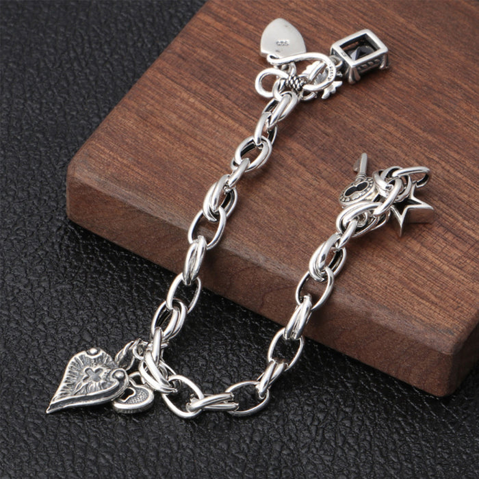 Real Solid 925 Sterling Silver Bracelets Heart key Lock Star Fashion Jewelry 7.1"