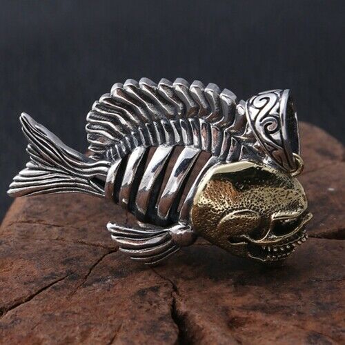 Real 925 Sterling Silver Pendant Piranha Fishbone Goth Jewelry