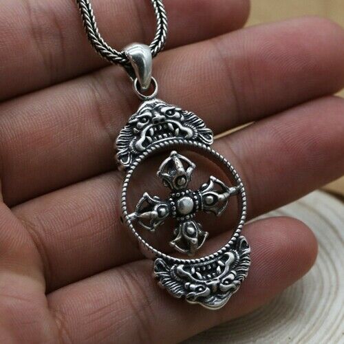 Real 925 Sterling Silver Pendant Rotatable Cross Vajra Jewelry