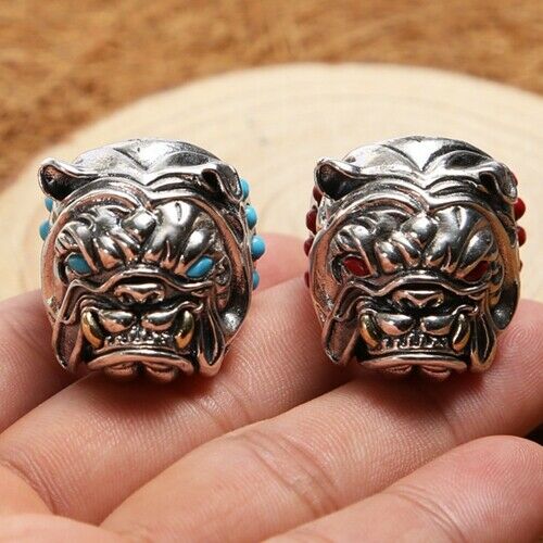 Real Solid 925 Sterling Silver Ring Bulldog Animals Turquoise Punk Jewelry Open Size 8 9 10 11