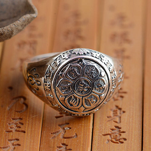 Real Solid 925 Sterling Silver Ring Om-Mani-Padme-Hum Flowers Lotus Luck Jewelry Size 5 to 13