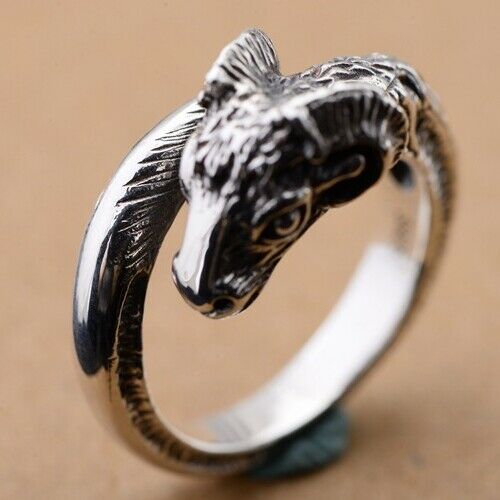 Real Solid 925 Sterling Silver Ring Bellwether Goat Animals Punk Jewelry Open Size 8 9 10 11 12