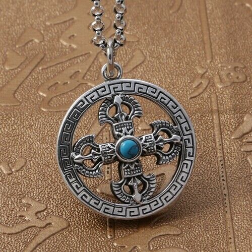 Real Pure 925 Sterling Silver Pendant Vajra Cross Round Religious Jewelry