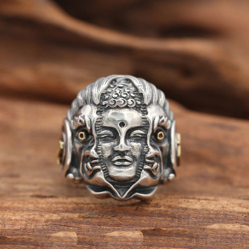 Real Solid 925 Sterling Silver Ring Buddha Devil Good-and-Evil Jewelry Open Size 8-11