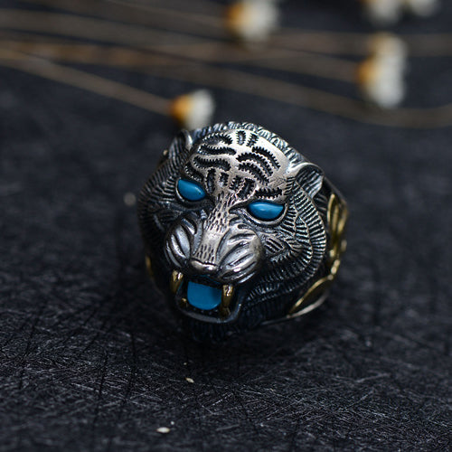 Real Solid 925 Sterling Silver Rings Animals Tiger Red Agate Turquoise Punk Jewelry Open Size 8 9 10 11