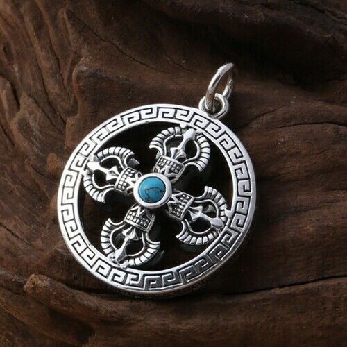 Real Pure 925 Sterling Silver Pendant Vajra Cross Round Religious Jewelry