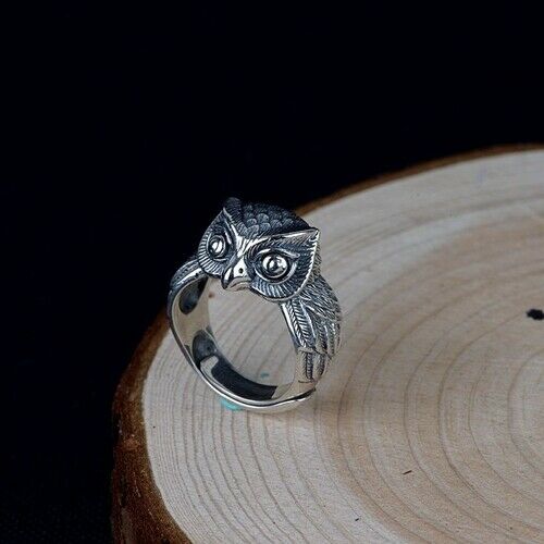 Real Solid 925 Sterling Silver Ring Animals Owl Punk Jewelry Open Size 8 9 10 11 12
