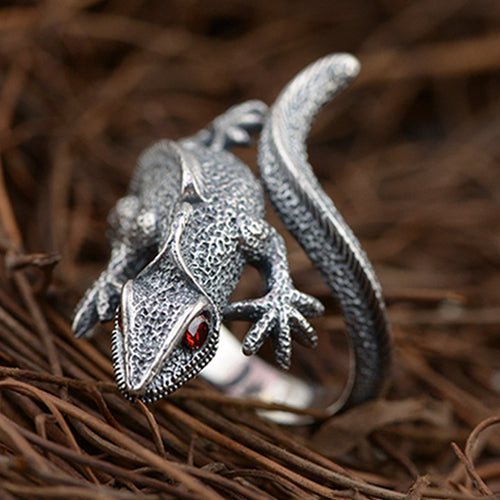 Real Solid 925 Sterling Silver Ring Animals lizard Red Cubic Zirconia Punk Jewelry Open Size 7 to 11