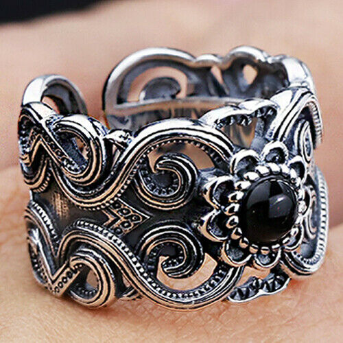 Real Solid 925 Sterling Silver Ring Black Agate Flowers Fashion Punk Jewelry Open Size 8 9 10 11