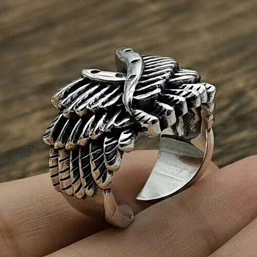 Real Solid 925 Sterling Silver Ring Feather Wings Punk Jewelry Open Size 8 9 10 11 12
