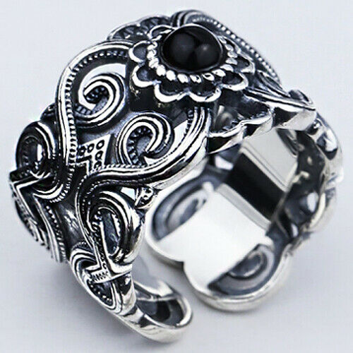 Real Solid 925 Sterling Silver Ring Black Agate Flowers Fashion Punk Jewelry Open Size 8 9 10 11