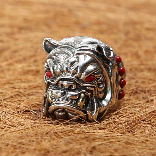 Real Solid 925 Sterling Silver Ring Bulldog Animals Turquoise Punk Jewelry Open Size 8 9 10 11