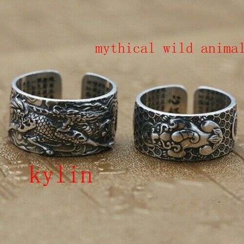 Real Solid 999 Pure Silver Ring Pixiu Kylin Animals Lection Punk Jewelry Open Size 7 8 9 10