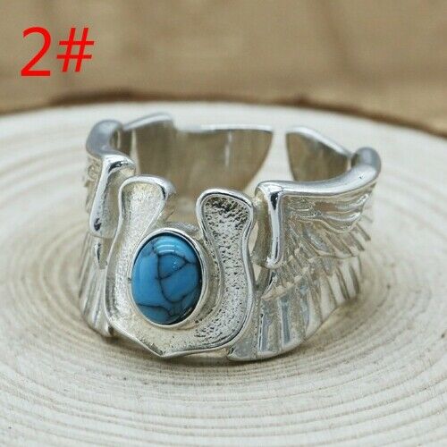 Real Solid 925 Sterling Silver Ring Turquoise Angel Wings Horseshoe Punk Jewelry Open Size 9 -12