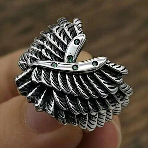 Real Solid 925 Sterling Silver Ring Feather Wings Punk Jewelry Open Size 8 9 10 11 12
