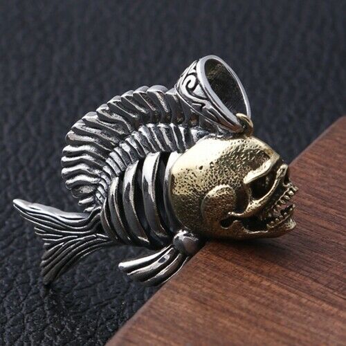 Real 925 Sterling Silver Pendant Piranha Fishbone Goth Jewelry
