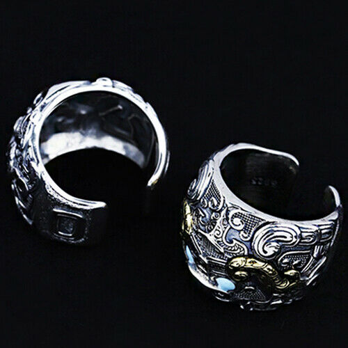 Real Solid 925 Sterling Silver Ring Auspicious Animals Fashion Luck Punk Jewelry Open Size 8 - 13