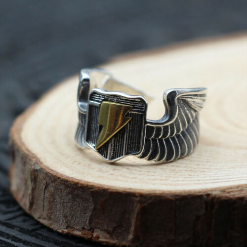 Real Solid 925 Sterling Silver Rings Lightning Eagle Wings Punk Jewelry Open Size 7-9