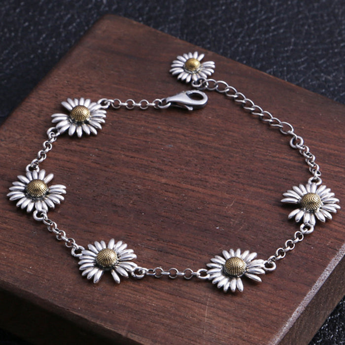 Real Solid 925 Sterling Silver Bracelet Flowers Daisy Fashion Jewelry 8.7"