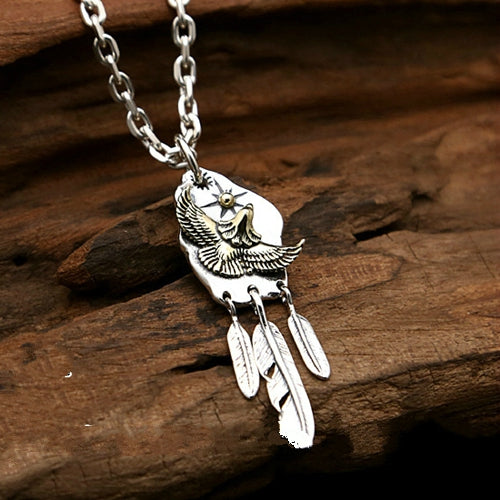 Real 925 Sterling Silver Pendant Eagle Feather Sun Bohemian Jewelry