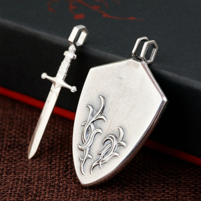 Men’s Real Solid 925 Sterling Silver Pendants Shield Sword Cross Detachable