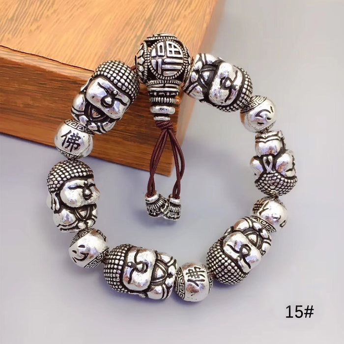Real Solid 990 Sterling Silver Bracelet Beaded Cross Lotus Religions Luck Jewelry