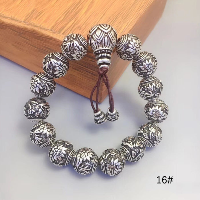 Real Solid 990 Sterling Silver Bracelet Beaded Cross Lotus Religions Luck Jewelry