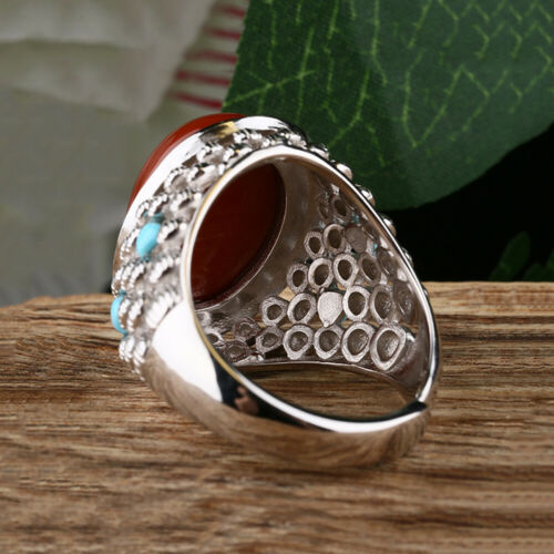 Real Solid 925 Sterling Silver Rings Red Agate Turquoise Charm Fashion Punk Jewelry Open Size 7-10