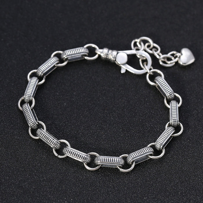 Real Solid 925 Sterling Silver Bracelet Round Link Heart Punk Jewelry 8.7"