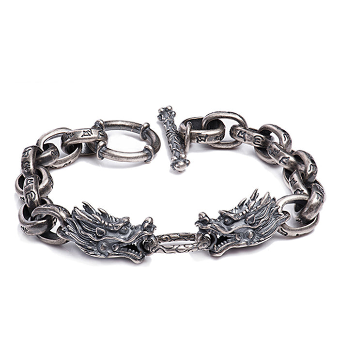 Men's Real Solid 925 Sterling Silver Bracelets Animals Dragon Om Mani Padme Hum Punk Jewelry 8.7"