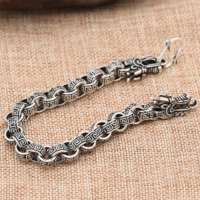 Real Solid 925 Sterling Silver Bracelet Link Chain Dragon Animals Stripe Loop Jewelry 7.5"- 9"