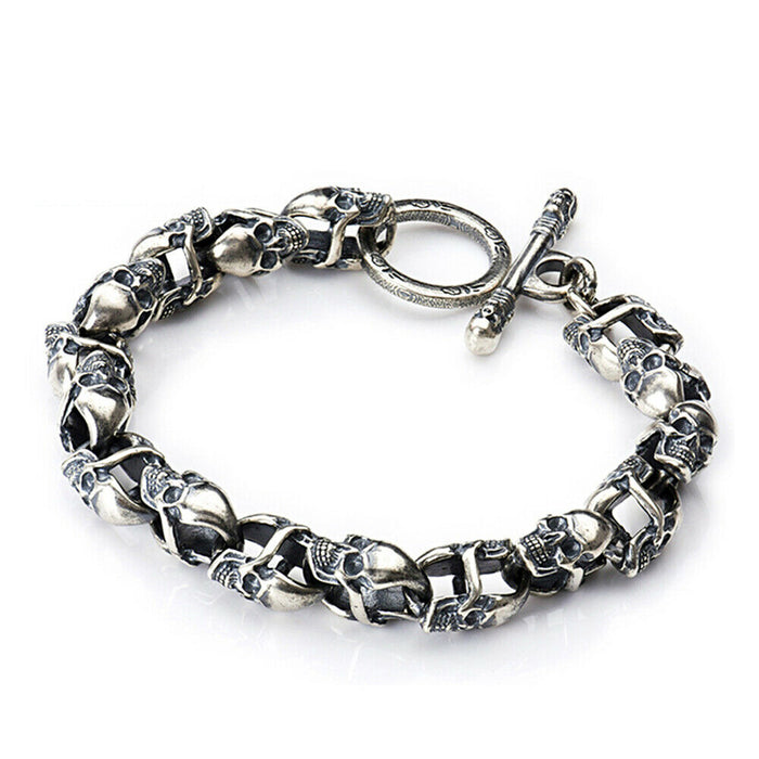 Men's Real Solid 925 Sterling Silver Bracelets Skulls Link OT-Buckle Punk Jewelry 8.5"