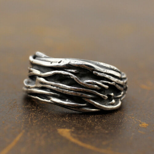 Men's Real Solid 925 Sterling Silver Ring Tree Branch Irregular Line Punk Jewelry Open Size 7-11