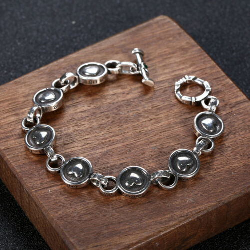 Real Solid 925 Sterling Silver Bracelet Link Loving Heart Round OT-Buckle Fashion Punk Jewelry 7.5"