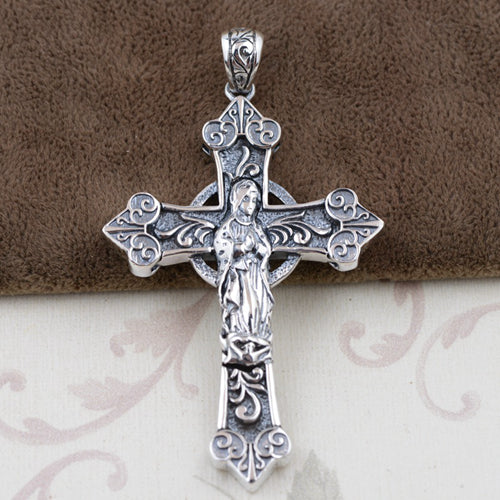 925 Sterling Silver Pendant Virgin Mary Gothic Cross Jewelry
