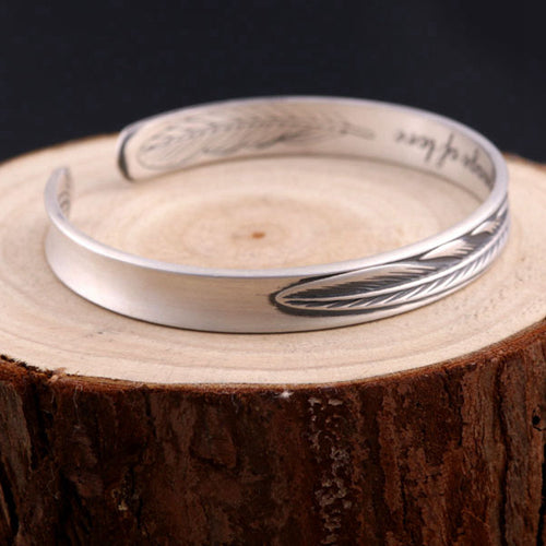 Real Solid 990 Sterling Silver Cuff Bracelet Bangle Love Feather Matte Punk Jewelry