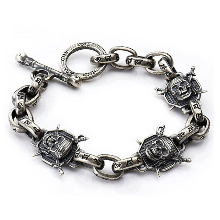 Real Solid 925 Sterling Silver Bracelets Skeletons Skulls Om Mani Padme Hum Punk Jewelry 8.1"