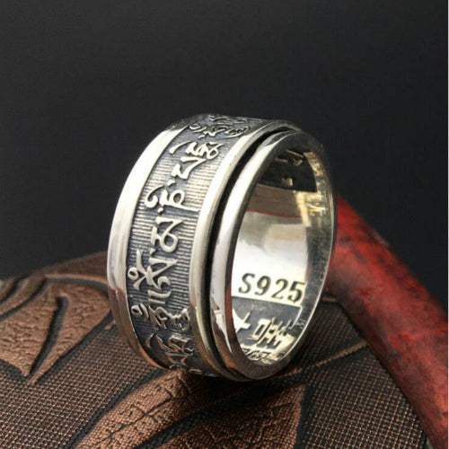Real 925 Sterling Silver Ring Six-Word Mantra Rotation Men's Size 7 8 9 10 11 12